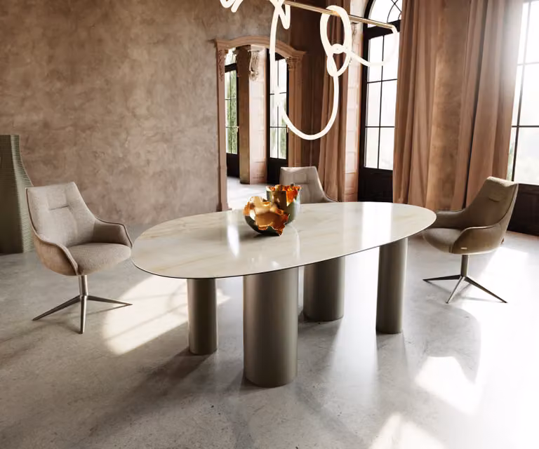 DELIFE Edge ovale eetkamertafel met keramisch blad in Onice Oro en titaan metaal effect, Beige/Goud, B: 220 cm, D: 120 cm, H: 75 cm