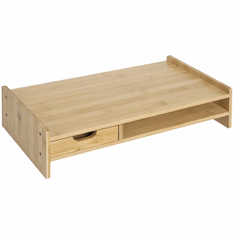 HOMCOM Bamboe Monitorstandaard met Schuiflade en Aflegvlak voor Toetsenbord en Muis, Natuurlijk, B: 49 cm, D: 25,5 cm, H: 11,5 cm