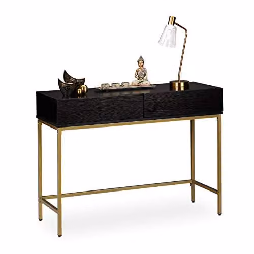 Relaxdays Bijzettafel Modern met 2 Lades, Zwart/Goud, H x B x D: 80 x 110 x 40 cm