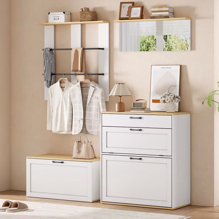 MODFU Garderobeset entreekast met wandgarderobe, schoenenbank, spiegel en lade, wit