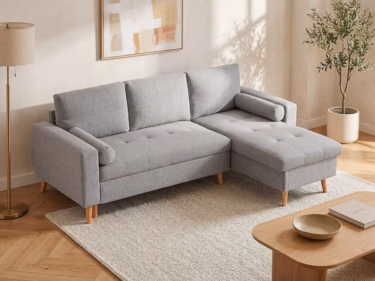Vente-unique Scandinavische hoekslaapbank in grijze stof met slaapfunctie en omkeerbare hoek - B: 225 cm, D: 146 cm, H: 88 cm