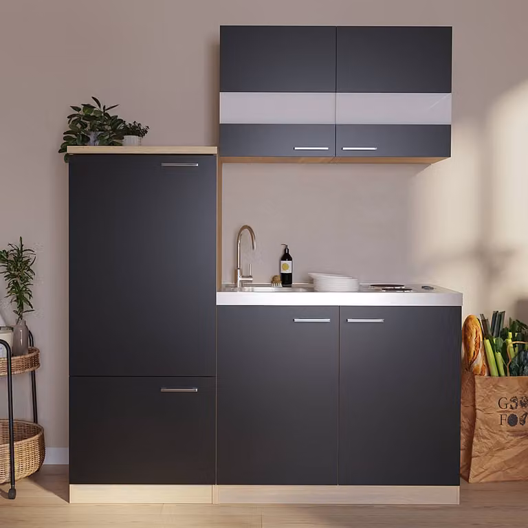 home24 Mini keuken Luis IV modern bruin/zwart B: 160 cm, H: 200 cm, D: 60 cm