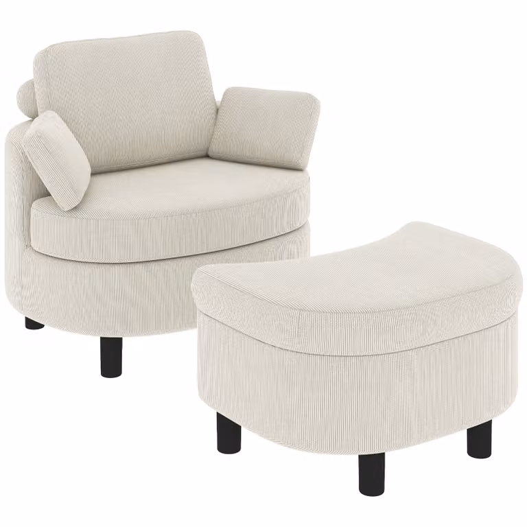 HOMCOM Fauteuil met opbergpoef en verstelbare hoofdsteun, cordbekleding, crèmewit