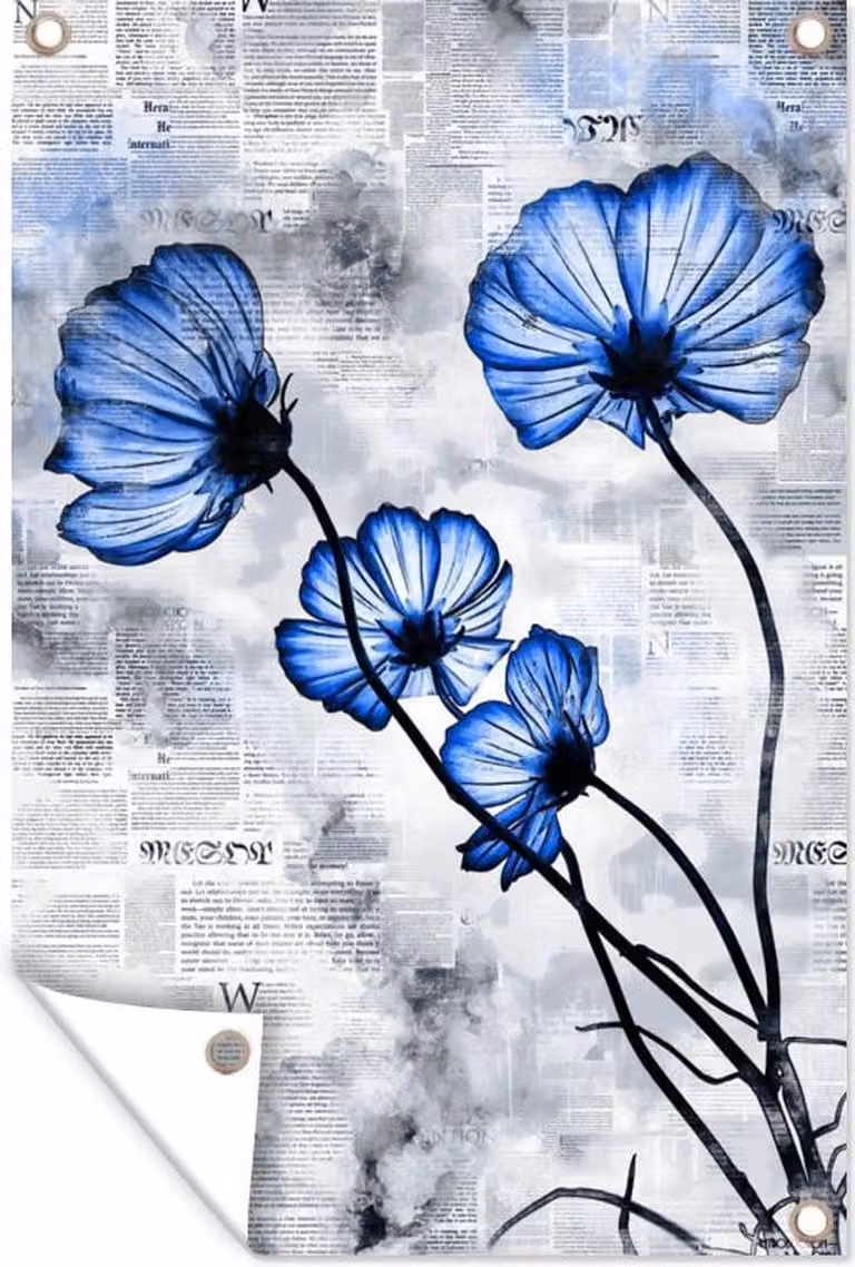 GreatGardenPosters Tuindoek Bloemen Krant Blauw - 60 x 90 cm