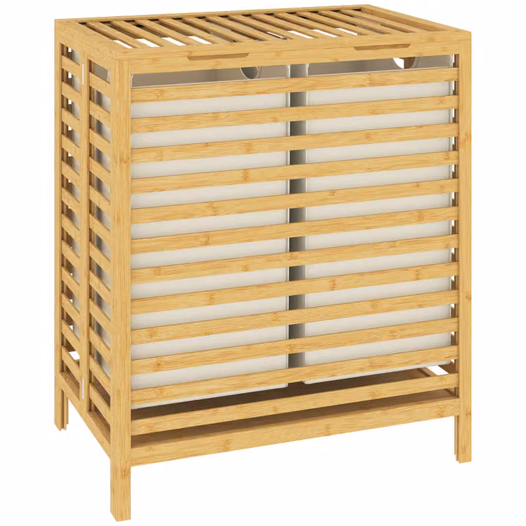 HOMCOM Bamboe-wasmand met deksel, 2 manden, opvouwbaar, 64L, natuur en crèmewit