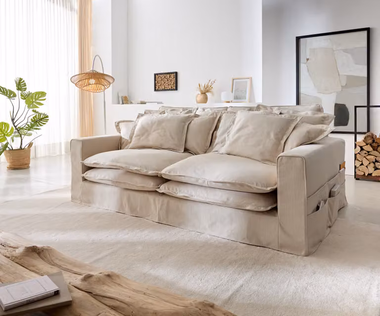 DELIFE Noelia Sofa met kussens, beige/wit, B: 240 cm, D: 145 cm, H: 77 cm