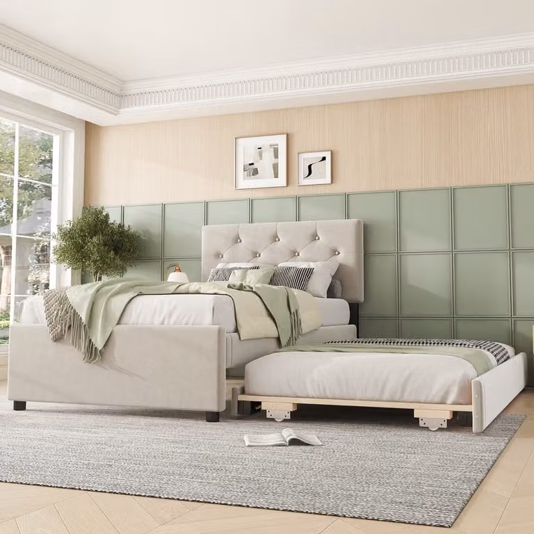 REDOM Uitschuifbaar rolbed gestoffeerd – Beige fluweel – B/D/H: 90 x 200 cm