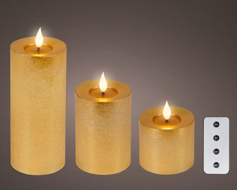 Lumineo Led kaarsen met 3D vlam, goud, 3 stuks