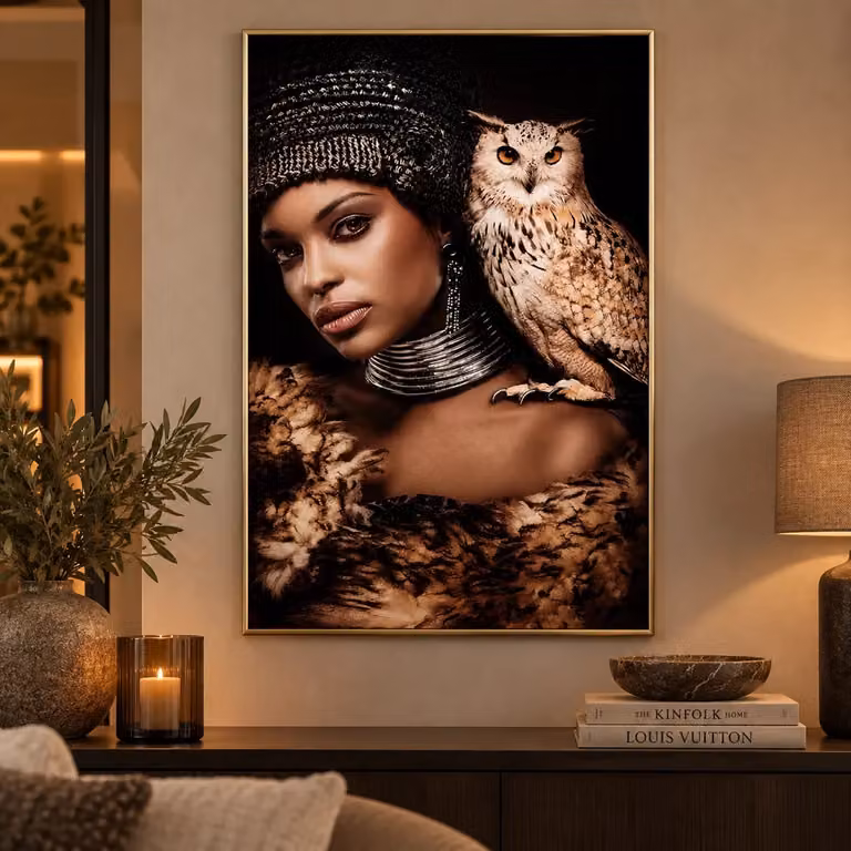 Schilderij Melani Glass Art vrouw met uil, goud en multicolor, B: 120 cm, H: 80 cm