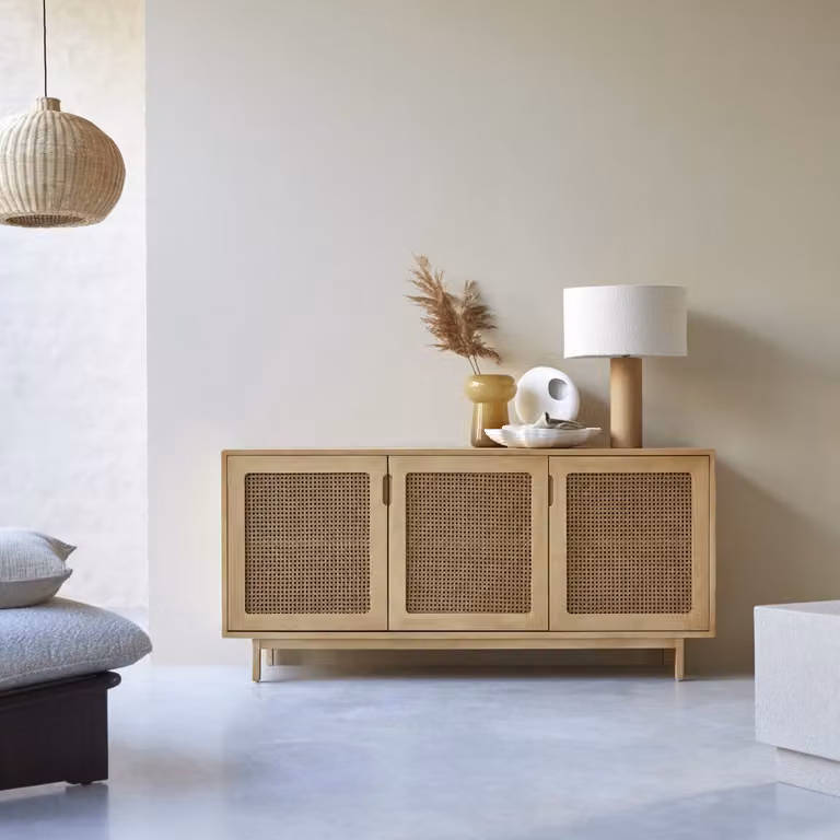 Tikamoon Luis Buffet van massief iepenhout en rieten vlechtwerk - Beige - Breedte: 160 cm
