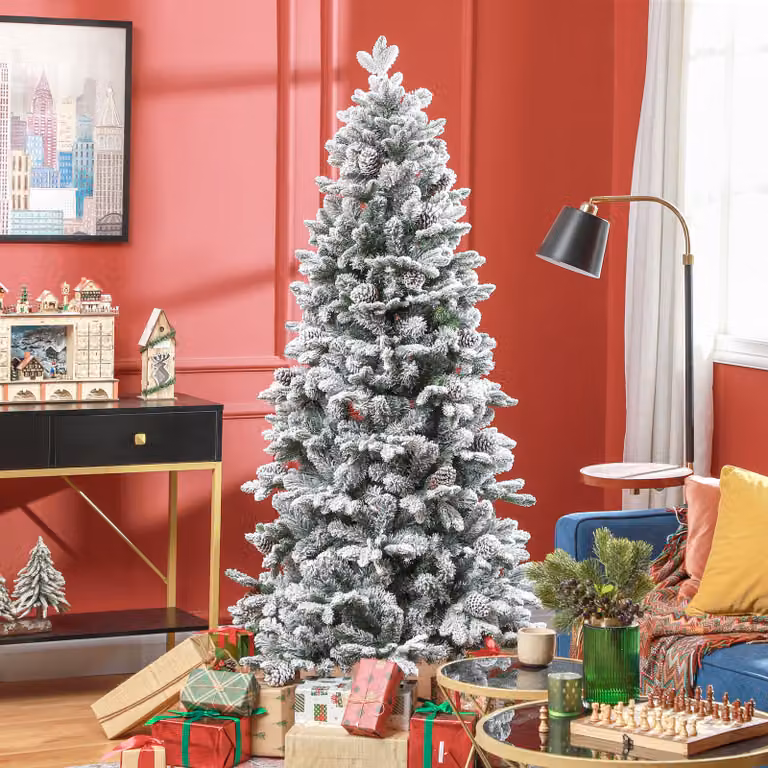 HOMCOM Kunstkerstboom met kunstsneeuw en dennenappels, groen, Hoogte: 180 cm