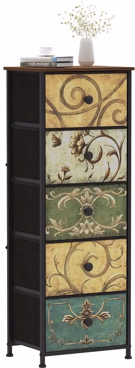 TRANKIELO Smalle Commodekast met 5 Stoffen Laden in Vintage Design