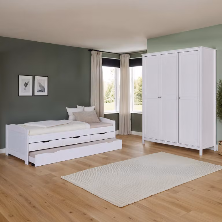 home24 Slaapkamerset Chilly wit, bestaande uit een bedframe en een ladekast met lades, 155 cm