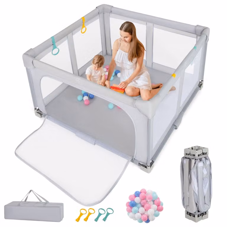Costway Vouwbare Babyloopstall Grijs met 50 Ballen en 4 Handvatten en Ritsdeur B/D/H: 127 x 127 x 72,5 cm