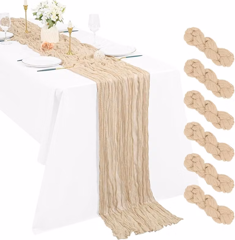 Set van 6 Beige Mesh Tafelrunners van 3m - Boho en Rustieke Tafeldecoratie voor Bruiloften en Feestjes