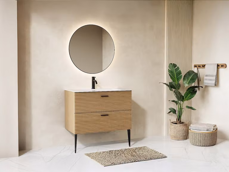 SARONE Badkamermeubel staand met inbouwwastafel en 2 lades, naturel gestreept, 80 cm