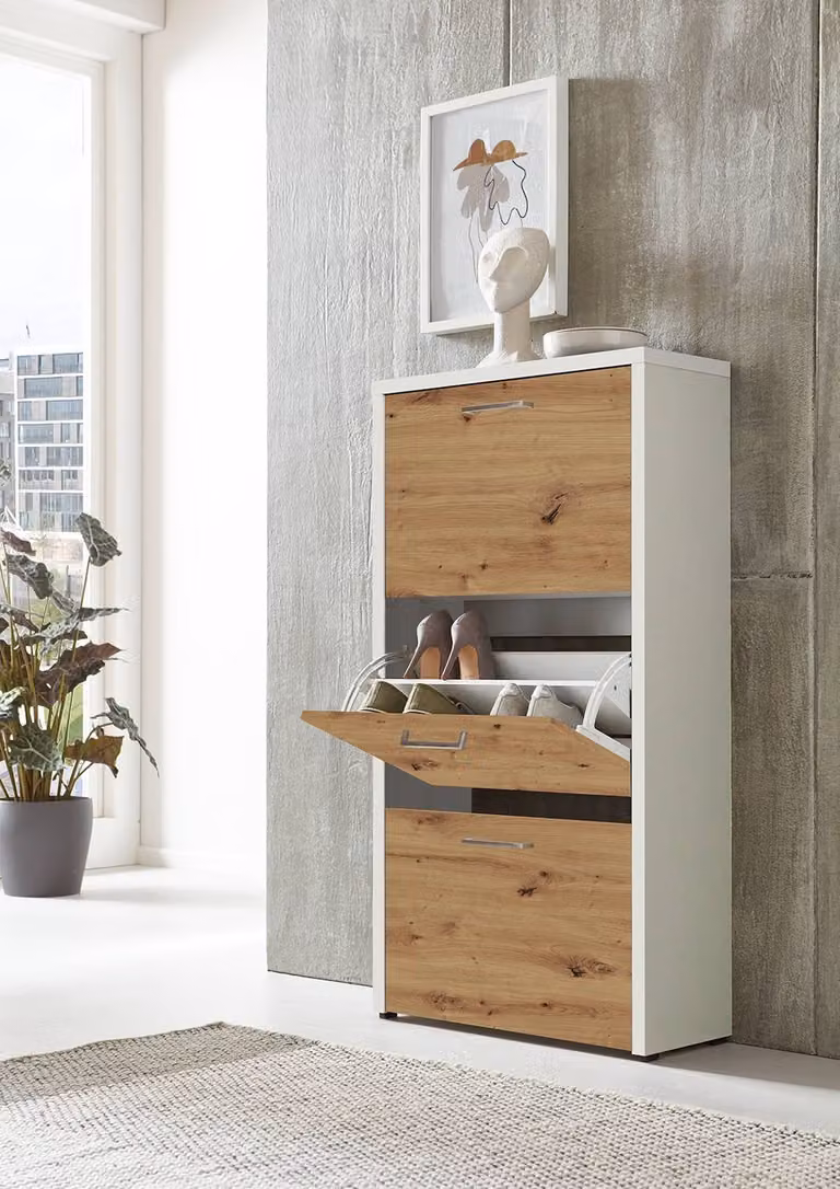 home24 Schoenenkast Siena, Wit/Artisan eikenhouten look, B: 115 cm, H: 61 cm, D: 25 cm