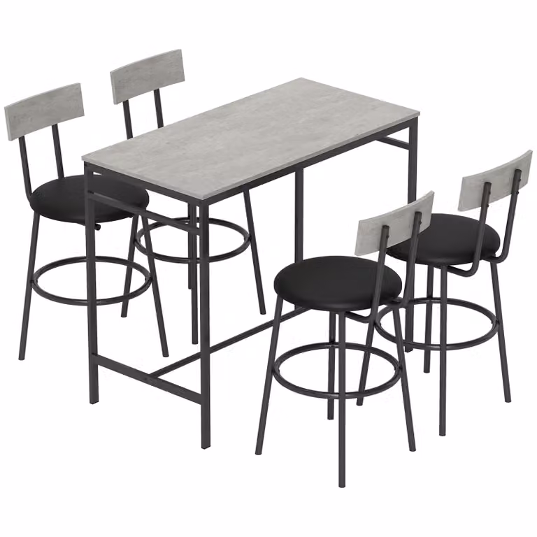 HOMCOM 5-delige Bartafelset met 4 Krukken, Industrieel Design, Lichtgrijs