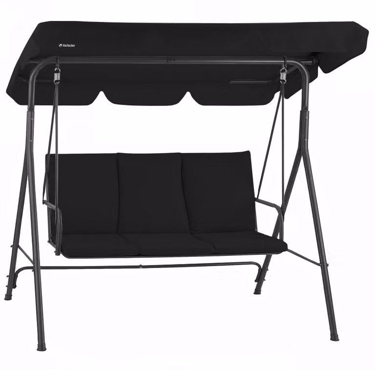 HinHocker Hollywood schommelstoel 3-zits met zonnedak, zwart, belastbaar tot 250 kg