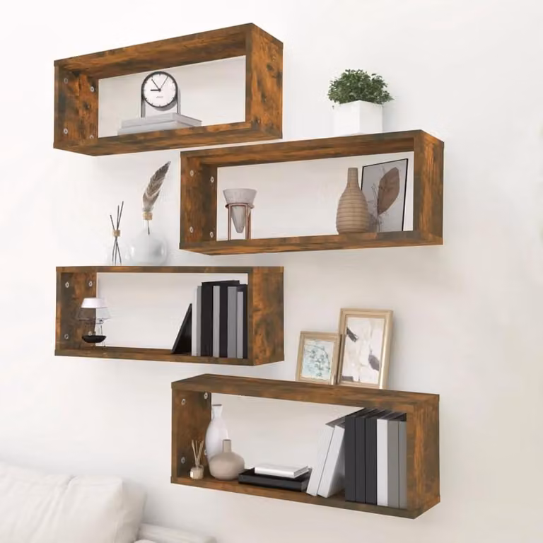 Set van 4 vierkante zwevende wandplanken in eikenhout, Breedte: 60 cm