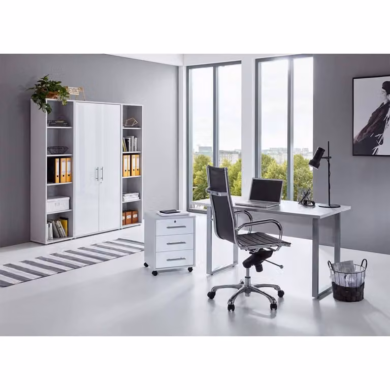 home24 Bureauset VI 5-delig grijs/lichtgrijs/hoogglans wit