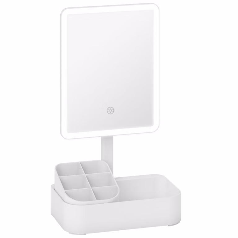 HOMCOM Make-upspiegel met oplaadbare LED-verlichting, 180 graden draaibaar, warm en koel licht (3500K-7000K) met touchbediening en opbergbox, wit