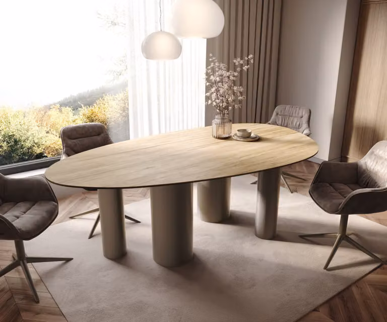 DELIFE Edge ovale eetkamertafel met keramisch blad in Sabbia eiken kleur en titaan metaal effect onderstel, B/D/H: 220 x 120 x 75 cm
