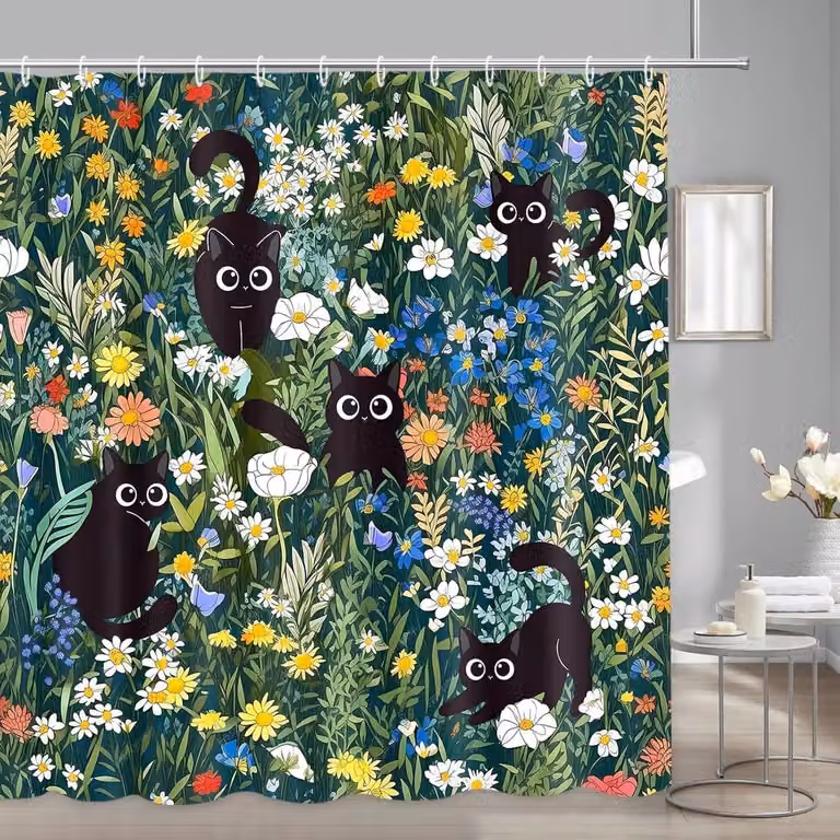 Zwart Douchegordijn met Zomerbloemen en Katten - Waterdicht Badkamergordijn inclusief 12 Haakjes - 180 x 180 cm
