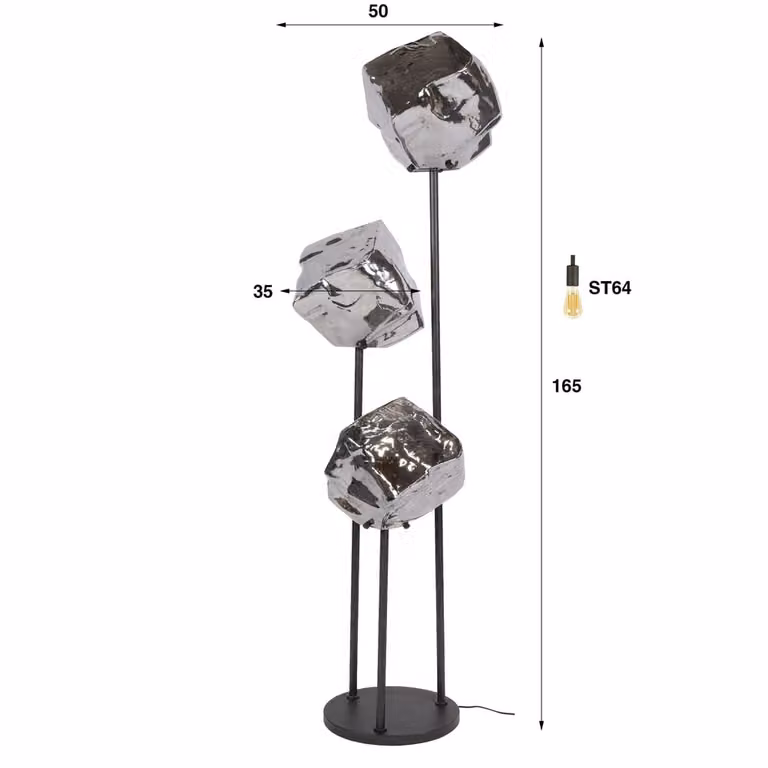 Lyora Moderne vloerlamp Rock 3-lichts - Chroom en Glas - Hoogte: 165 cm