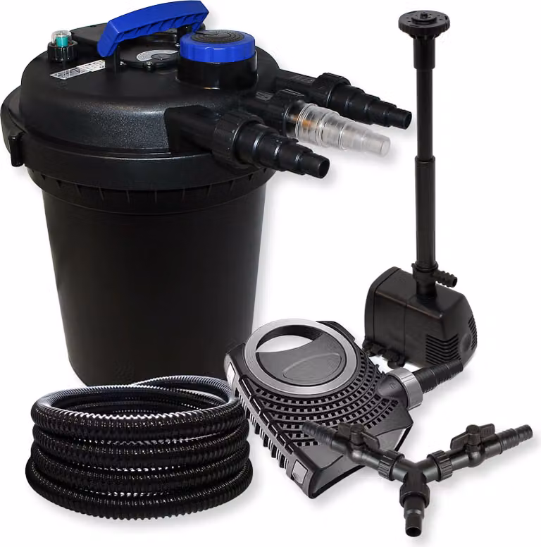 SunSun Complete set: CPF-250 vijverfilter voor vijvers tot 10.000 liter, inclusief 11W vijververhelderaar, NEO10000 vijverpomp (10.000 l/u, 80W), 25 meter vijverslang (25 mm) en HJ-943 ECO fonteinpomp (800 l/u, 16W) met Y-ver