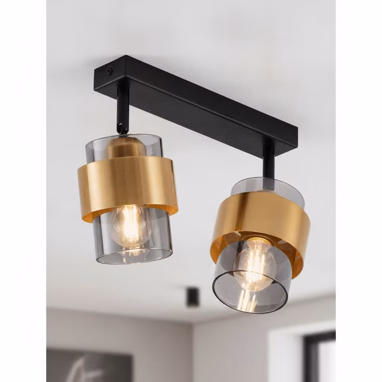 Lyora Plafondlamp Sianna 2-lichts zwart en goud met rookglas en E27 LED B/D/H: 47 x 20 x 20 cm