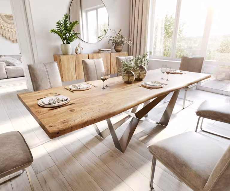 DELIFE Eettafel Edge van acacia hout en edelstaal, Bruin en Zilver, B: 260 cm, D: 100 cm, H: 73,5 cm