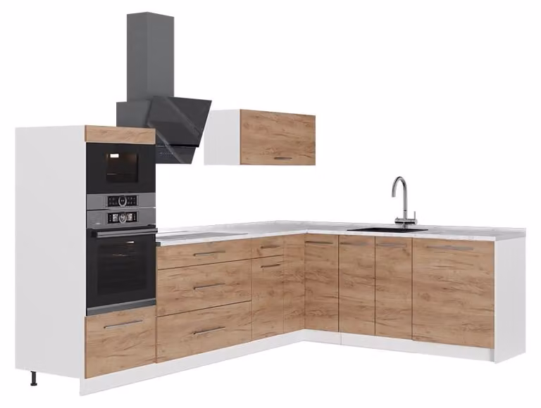 Vicco Fame-Line Hoekkeuken Goudkleurig Eiken met Marmeren Werkblad, Model 62920, 287 x 207 cm