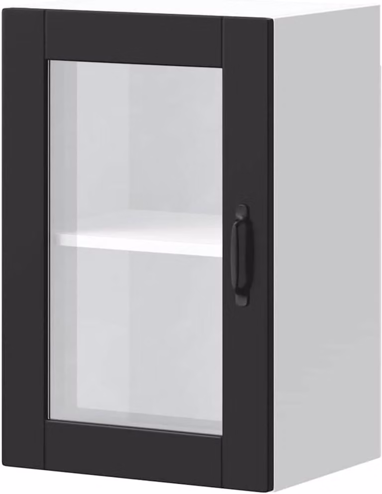 Zwarte wandkast voor de keuken met glazen deuren en houten details, B: 60 cm, H: 40 cm