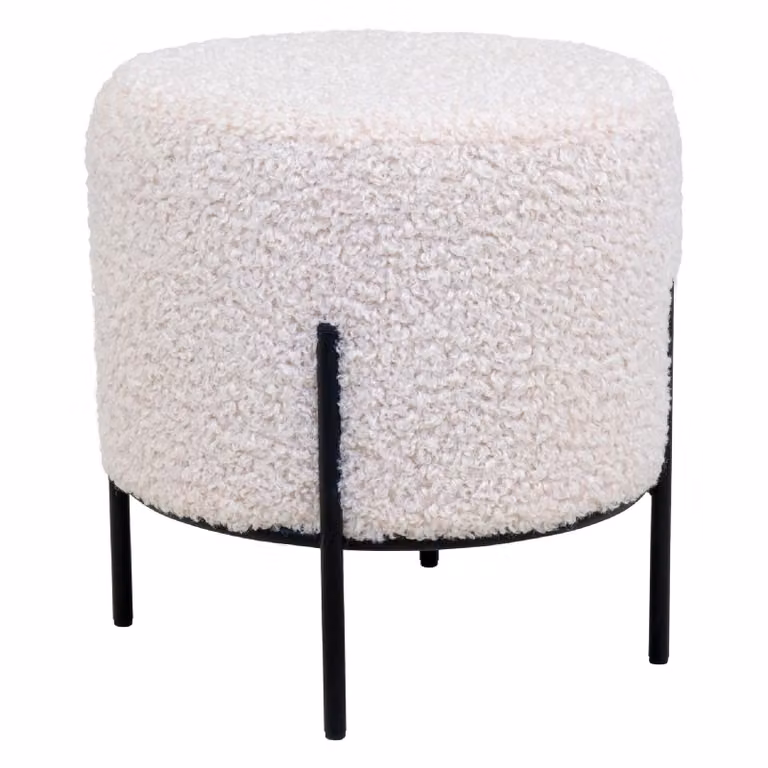 Nest of Nora Poef rond teddy wit met zwarte metalen poten B/D/H: 35,5 x 35,5 x 37 cm