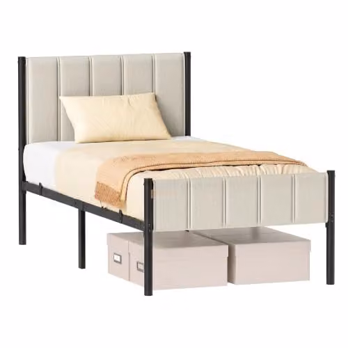 VASAGLE Eenpersoons bedframe met gevoerd hoofdeinde, Cappuccinobeige, 90 x 200 cm