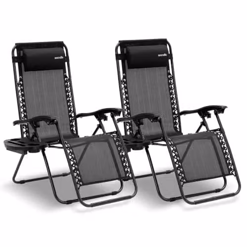 SereneLife Set van 2 Verstelbare Ligstoelen met Zijtafel en Bekerhouders, Zwart