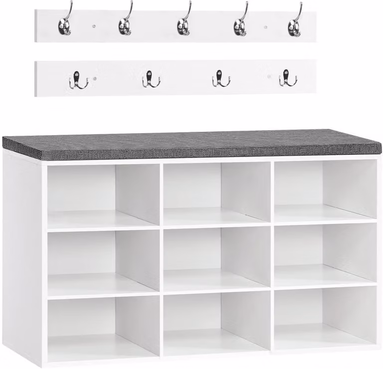 SolidChoice Garderobe Set - Wit - Schoenbank met Opbergruimte en Wandgarderobe met Haken