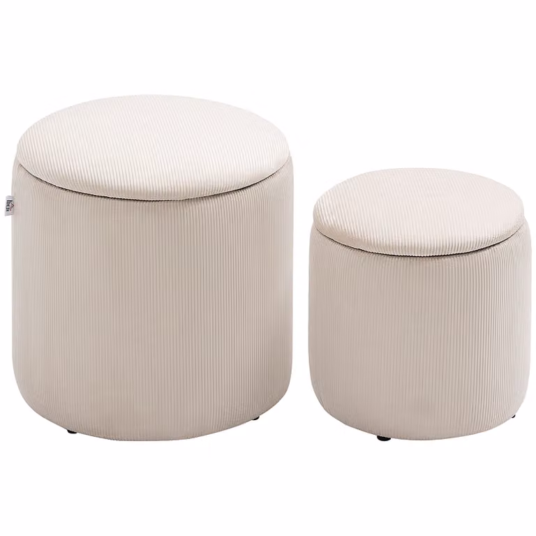HOMCOM Set van 2 Ottoman krukken met opbergruimte in corduroy look, crèmewit, B/D: 40 cm en 30 cm