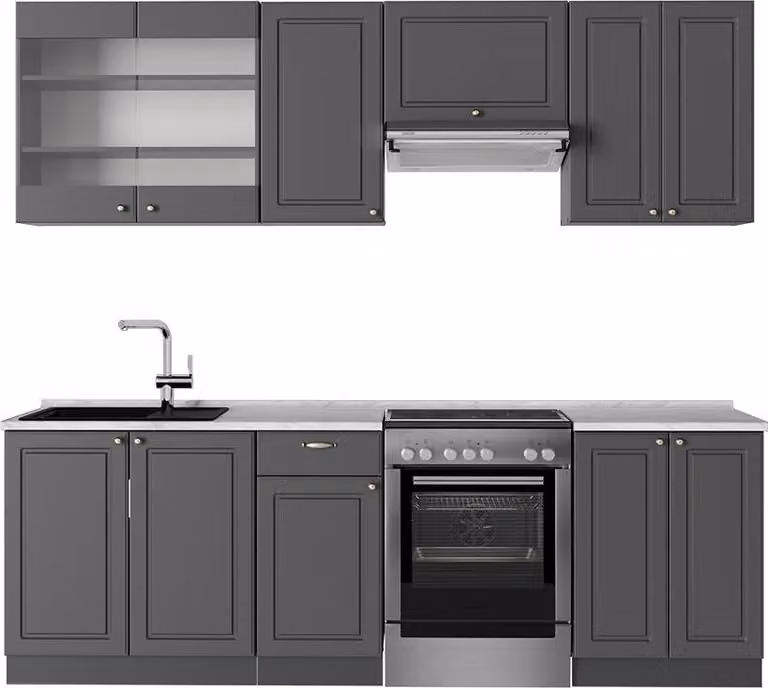 Vicco Fame-Line Keukeneenheid Landhaus Anthrazit-Gold met Marmeren Werkblad, 240 cm
