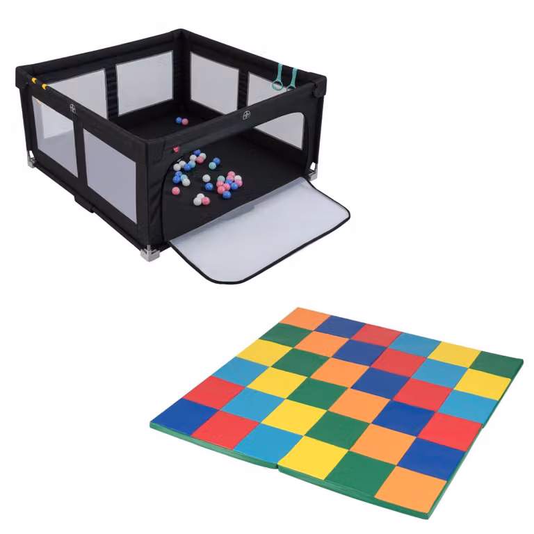 Costway Opvouwbare Babybox Zwart en Patchwork-Speelkleed Multicolor - 2-delige Set