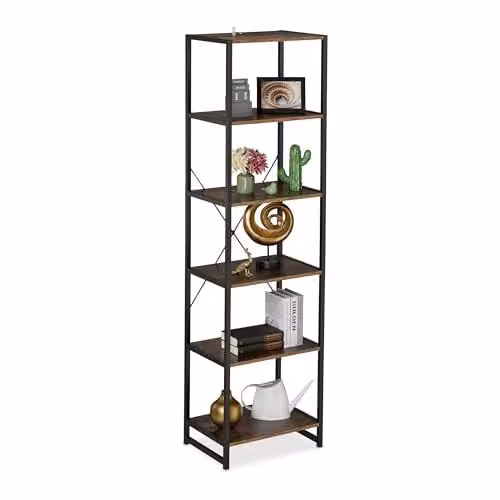 Relaxdays Boekenrek met 6 etages, Industrieel, Zwart/Bruin, H x B x D: 180 x 50 x 35 cm