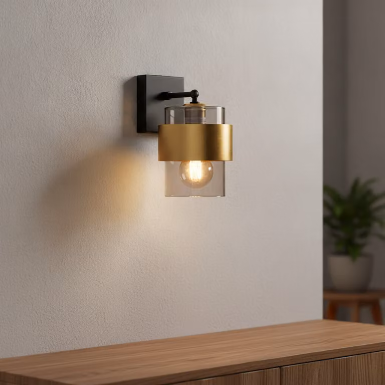 Lyora Wandlamp Sianna zwart en goud met rookglas, B/D/H: 17 x 17 x 17 cm