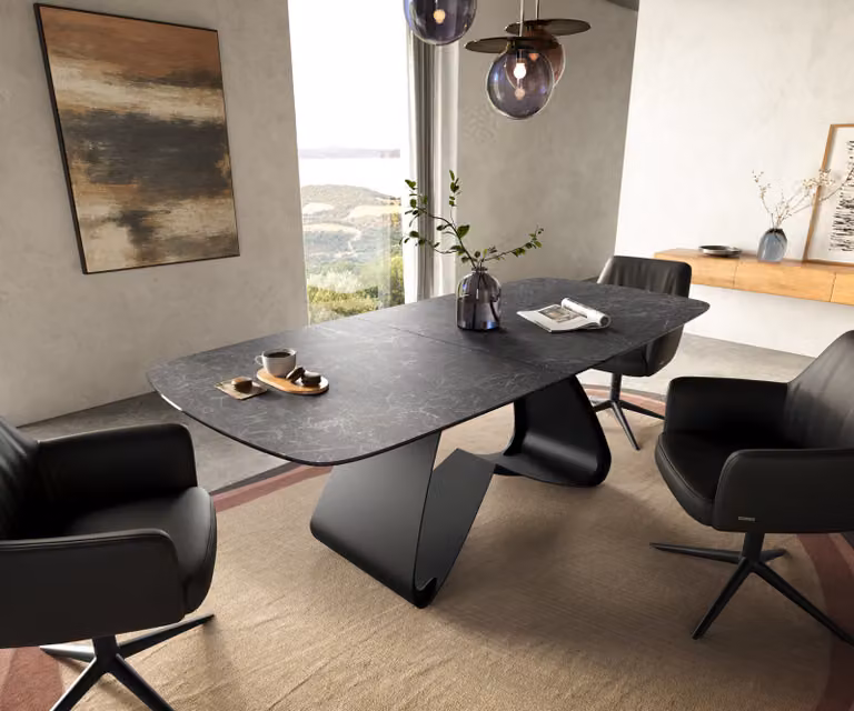 DELIFE Eettafel Edge Boot met Keramiek Laminam Nero Greco Anthrazit en Zwart W-onderstel, Uitschuifbaar, 180-220 x 100 cm