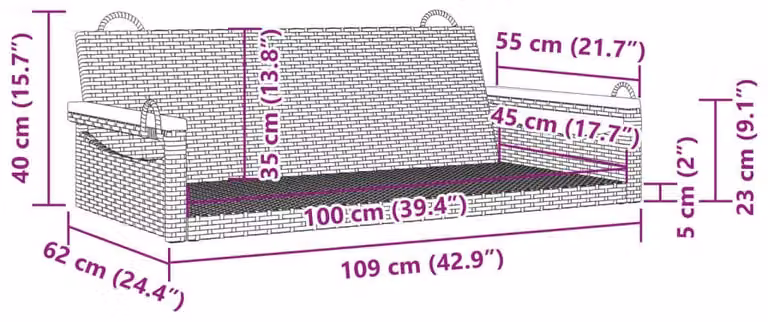 vidaXL Hangstoel voor volwassenen, zwart, polyrotan, B/D/H: 109 x 62 x 40 cm