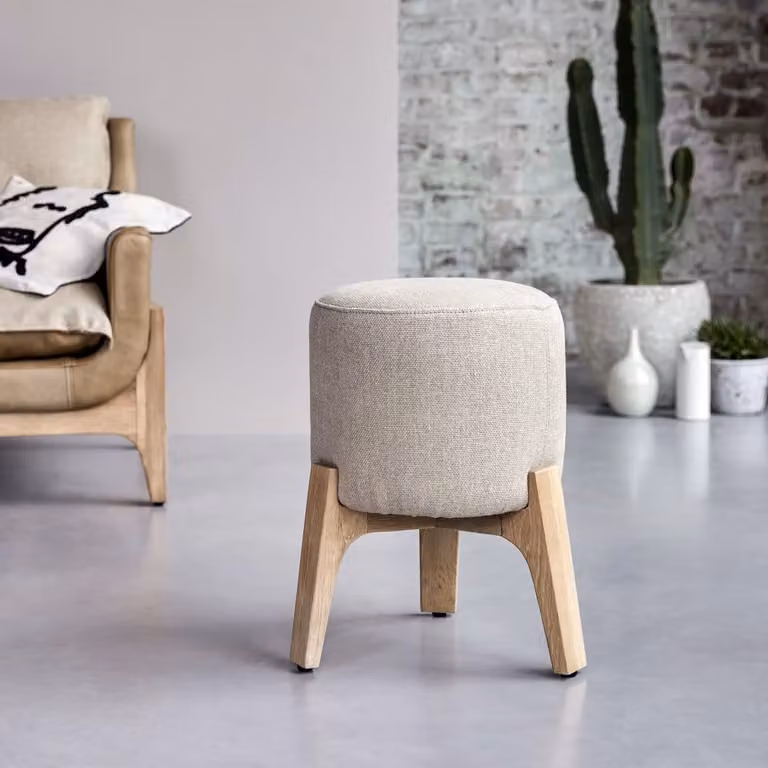 Tikamoon Linnen poef van eikenhout - Beige - B/D/H: 36 x 36 x 47 cm