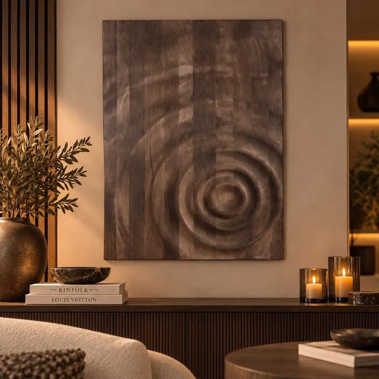 PTMD Wandornament Mattin Bruin Mangohout Rechthoekig met Abstracte Cirkels