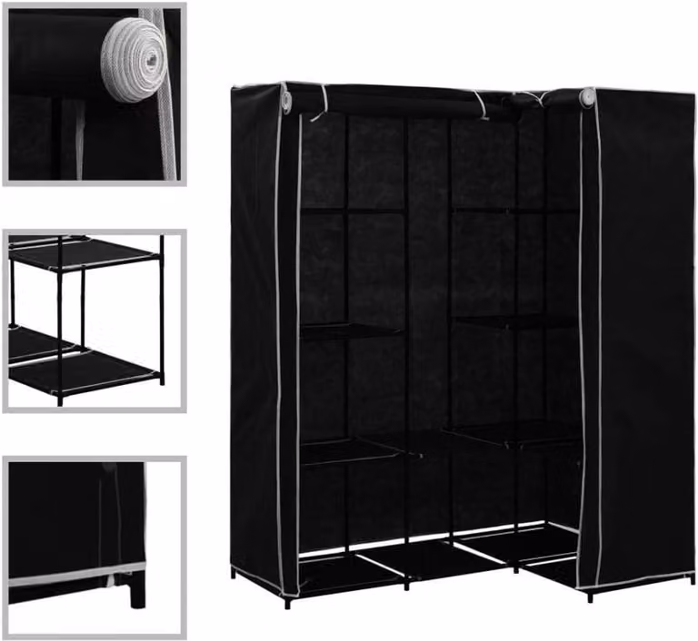 Zwarte hoekkast voor kleding met stabiel ijzeren frame, B/D/H: 130 x 87 x 169 cm