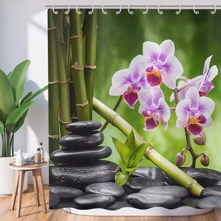 Zen Garden douchegordijn - Spa groen bamboe met paarse bloem - 180 x 180 cm