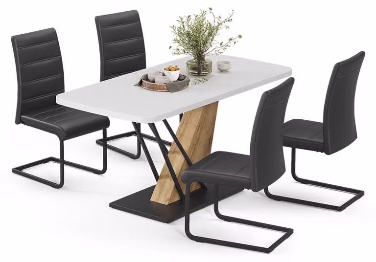 Vicco Fenaro Eettafelset met 4 eetkamerstoelen, Wit/Goudkleurig Eiken en Zwart, B/D/H: 120 x 80 x 76 cm